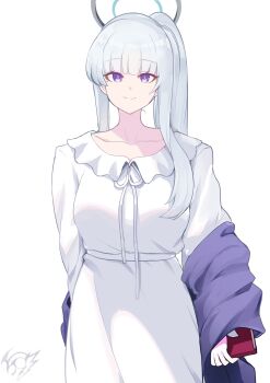  1girl blanket blue_archive blush book breasts dress frilled_pajamas frills grey_hair halo highres large_breasts long_hair long_sleeves looking_at_viewer mechanical_halo nightgown noa_(blue_archive) noa_(pajamas)_(blue_archive) official_alternate_costume pajamas ponytail purple_eyes revolverwing sleepwear smile solo white_dress white_hair white_halo white_nightgown white_pajamas 