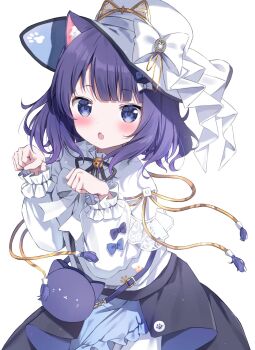  1girl animal_bag animal_ear_fluff animal_ears bell black_ribbon blue_bow blush bow cat_bag cat_ears commentary_request fang fuiba_fuyu gochuumon_wa_usagi_desu_ka? hands_up hat highres long_sleeves looking_at_viewer medium_hair neck_bell neck_ribbon open_mouth paw_pose pizzzica purple_bow purple_eyes purple_hair ribbon shirt simple_background skin_fang solo white_background white_bow white_hat white_shirt 