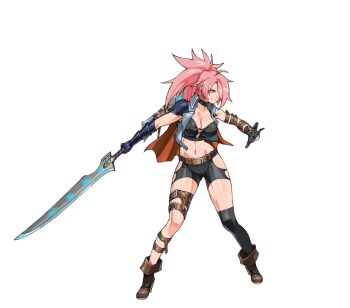  1girl astoria_(demonherd) axl_crow belt belt_buckle black_choker black_gloves black_shorts black_thighhighs blue_jacket boots breasts brown_belt brown_boots buckle choker cleavage closed_mouth commentary crop_top demonherd denim denim_jacket english_commentary full_body gauntlets gloves green_eyes hair_over_one_eye holding holding_sword holding_weapon jacket large_breasts long_hair one_eye_covered open_clothes open_jacket pink_hair shorts simple_background single_gauntlet single_thighhigh smile solo sword thighhighs weapon white_background 