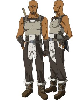  2boys adachi_shingo agil anime_coloring armor axe bald battle_axe beard belt biceps boots breastplate brown_boots brown_eyes brown_gloves brown_jumpsuit clenched_hand closed_mouth collarbone dark-skinned_male dark_skin facial_hair fingerless_gloves from_side full_body fur-trimmed_boots fur_trim gloves grey_belt jumpsuit looking_at_viewer multiple_boys multiple_views muscular muscular_male official_art open_mouth parted_lips profile simple_background sleeveless sleeveless_jumpsuit smile standing sword sword_art_online sword_on_back transparent_background weapon weapon_on_back white_armor 