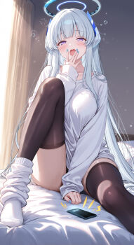  1girl absurdres black_thighhighs blue_archive blue_halo blue_nails cellphone commentary_request covering_own_mouth curtains dasiu hair_ornament halo headgear highres long_hair looking_at_another nail_polish no_shoes noa_(blue_archive) on_bed phone purple_eyes shirt smartphone socks socks_over_thighhighs solo sunlight thighhighs white_hair white_halo white_shirt white_socks yawning 