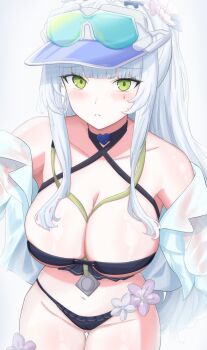  1girl absurdres bikini black_bikini blush breasts cleavage clothes_pull commentary_request cross-laced_bikini cross-laced_clothes curious eyewear_on_head facepaint flower flower_ornament girls'_frontline girls'_frontline_2:_exilium green_eyes highres hk416_(girls'_frontline) jacket jacket_pull klukai_(cerulean_breaker)_(girls'_frontline_2) klukai_(girls'_frontline_2) large_breasts leaning_forward long_hair looking_at_viewer off_shoulder open_clothes open_jacket parted_lips pink_flower ponytail see-through_clothes see-through_jacket simple_background solo sunglasses swimsuit teardrop thigh_gap thighs uchikata_takeaki very_long_hair visor_cap white_background white_flower white_hair 