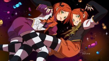  2boys 2wink_(ensemble_stars!) aoi_hinata aoi_yuta bat_hair_ornament black_vest bow bowtie brothers brown_bow brown_bowtie buttons candy collared_shirt ensemble_stars! food fuurin_(sior_fr) green_eyes grin hair_ornament halloween_costume highres layered_sleeves lollipop long_sleeves looking_at_viewer male_focus multiple_boys nail_polish orange_bow orange_bowtie orange_hair orange_shorts pantyhose parted_bangs puffy_short_sleeves puffy_sleeves purple_shirt purple_shorts shirt short_hair short_over_long_sleeves short_sleeves shorts siblings sleeves_past_wrists smile striped_clothes striped_pantyhose tongue tongue_out twins vest white_shirt white_vest 