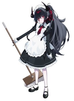  1girl absurdres apron black_dress black_hair black_shoes broom colored_extremities commentary_request demon_horns dress extra_eyes frilled_apron frills highres holding holding_broom horns korean_commentary mahou_shoujo_no_majo_saiban maid maid_apron maid_headdress momip necktie nikaido_hiro partial_commentary ponytail red_eyes red_necktie shoes simple_background snake_hair socks solo spoilers waist_apron white_apron white_background white_socks witch_(manosaba) 