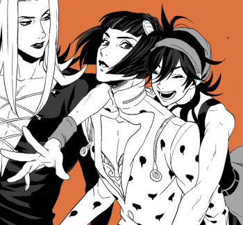  3boys black_hair bruno_bucciarati closed_eyes commentary_request giorno_giovanna greyscale_with_colored_background headband jojo_no_kimyou_na_bouken moru_moru_moru multiple_boys narancia_ghirga orange_background short_hair simple_background vento_aureo zipper zipper_pull_tab 