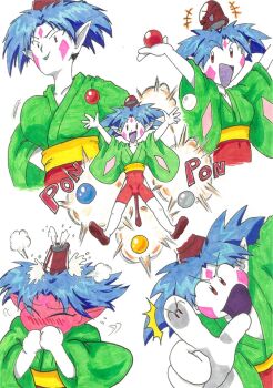  1girl :o artist_request bare_legs bishoujo_senshi_sailor_moon bishoujo_senshi_sailor_moon_supers blush breasts colored_skin demon_girl facial_mark fang japanese_clothes lemures_(sailor_moon) looking_at_viewer looking_to_the_side medium_hair multiple_views open_mouth pointing pointing_at_viewer pointy_ears ponko_(sailor_moon) spiked_hair traditional_media translation_request upper_body white_background wide_hips 