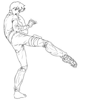  1boy bandaged_arm bandages belt blunt_bangs bodysuit bowl_cut byaku_gan3 commentary_request fighting_stance full_body furrowed_brow highres kicking korean_commentary male_focus martial_arts naruto_(series) open_mouth pouch ribbed_leg_warmers rock_lee short_hair sketch solo thick_eyebrows thigh_pouch 