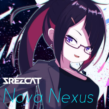  1girl album_cover black_hair black_jacket black_shirt character_name colored_inner_hair commentary_request cover english_text glasses highres hitnex j-core jacket kobaryo long_hair looking_at_viewer multicolored_hair official_art open_clothes open_jacket outline paid_reward_available ponytail purple_eyes red_hair shirt smile solo srezcat upper_body very_long_hair white_outline 