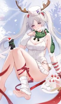  1girl absurdres antlers arm_support arm_warmers baige_chen bare_shoulders barefoot bird blush breasts breath cake chinese_commentary cleavage cleavage_cutout closed_mouth clothing_cutout commentary_request fake_tail feet finger_to_mouth floating_hair food fruit fur_arm_warmers fur_hat green_scarf grey_sky hand_up hat head_tilt heart_cutout highres hip_vent horns horns_through_headwear knees_up large_breasts laru_(snowish)_(stella_sora) laru_(stella_sora) leg_ribbon leg_warmers legs licking_lips light_particles long_hair looking_at_viewer merry_christmas nail_polish panty_straps papakha parted_bangs penguin plate pom_pom_(clothes) purple_eyes red_nails red_ribbon ribbon santa_hat scarf sideboob sidelocks sky sleeveless sleeveless_sweater snow snowflakes snowing soles solo star_(symbol) stella_sora strawberry striped_arm_warmers sweater tail thighs toenails toes tongue tongue_out tree twintails very_long_hair white_hair white_hat white_leg_warmers white_sweater 