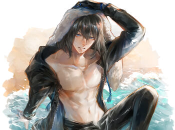  1boy arm_support bare_pectorals black_coat black_hair black_jacket black_pants coat colored_extremities commentary english_commentary fate/grand_order fate_(series) hand_on_own_head highres jacket long_sleeves looking_at_viewer male_focus no_nipples oberon_(fate) oberon_(moody_summer_oberon)_(fate) oberon_(third_ascension)_(fate) open_fly pants parted_lips pectoral_cleavage pectorals renrenka_noi signature sitting solo toned toned_male towel towel_on_head 