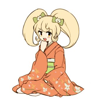  1girl :d blonde_hair blush bow cat_hair_ornament danganronpa_(series) danganronpa_2:_goodbye_despair floral_print hair_bow hair_ornament hand_up highres japanese_clothes kimono long_hair long_sleeves obi open_mouth orange_kimono saionji_hiyoko sash simple_background smile twintails white_background yuno_(ou35i)  rating:General score:3 user:danbooru