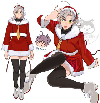  2girls absurdres antenna_hair aoba_(kancolle) black_thighhighs boots breasts dress fur-trimmed_headwear fur_trim green_eyes grey_hair hat highres kantai_collection kinugasa_(kancolle) kinugasa_kai_ni_(kancolle) medium_breasts multiple_girls multiple_views official_alternate_costume ojipon red_dress red_hat santa_hat sitting smile solo_focus thighhighs translation_request watermark white_boots 