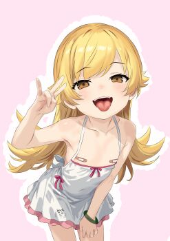 1girl absurdres bakemonogatari bandaid bandaids_on_nipples blonde_hair blush cowboy_shot female_focus flat_chest harioqi highres legs loli long_hair looking_at_viewer monogatari_(series) oshino_shinobu pasties smile solo standing vampire 