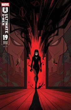  1girl absurdres aura black_hair comic_cover company_name copyright_logo copyright_name cover cover_page disembodied_eye door english_text full_body highres ichiki_hisako ichiki_hisako_(ultimate_x-men_2024) logo long_hair looking_at_viewer marvel nogisanart official_art shirt solo striped_clothes striped_shirt ultimate_x-men_(2024) x-men 
