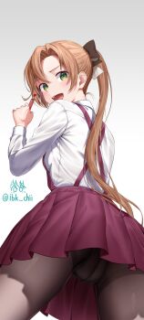  1girl :d akigumo_(kancolle) ass black_pantyhose blush bow brown_bow brown_hair collared_shirt commentary_request crotch_seam dress food from_behind from_below fruit gradient_background green_eyes grey_background hair_between_eyes hair_bow highres holding holding_food holding_fruit iwabuchi501 kantai_collection long_hair long_sleeves looking_at_viewer open_mouth panties panties_under_pantyhose pantyhose pleated_dress ponytail red_dress shirt sidelocks simple_background smile solo teeth thighband_pantyhose thighs turning_head twitter_username underwear upper_teeth_only very_long_hair white_background white_shirt 