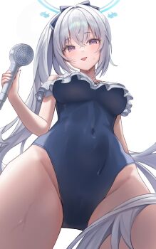1girl alternate_breast_size bare_shoulders blue_archive blue_bow blue_hair blue_halo blue_one-piece_swimsuit blush bow breasts commentary covered_navel crossed_bangs double-parted_bangs frilled_one-piece_swimsuit frills from_below hair_between_eyes hair_bow halo highres holding holding_shower_head large_breasts light_blue_hair long_hair looking_at_viewer looking_down miyako_(blue_archive) miyako_(swimsuit)_(blue_archive) ochya off-shoulder_one-piece_swimsuit off_shoulder official_alternate_costume official_alternate_hairstyle one-piece_swimsuit purple_eyes shower_head side_ponytail simple_background solo swimsuit symbol-only_commentary tongue tongue_out wet_face white_background rating:Questionable score:27 user:danbooru