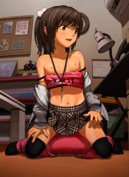  1girl backpack bag black_legwear breasts brown_eyes brown_hair dressing female_focus flat_chest key leggings loli lolicon_7 midriff navel nipples original pixiv_thumbnail plaid_clothes plaid_skirt ponytail randoseru resized rustle short_hair sitting skirt small_breasts solo stomach thighhighs undressing 