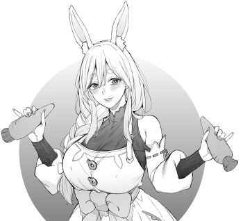  1girl animal_ears azukiko braid breasts carrot food greyscale highres holding holding_carrot holding_food holding_vegetable hololive long_hair looking_at_viewer mature_female monochrome pekomama rabbit_ears rabbit_girl sexually_suggestive smile vegetable virtual_youtuber  rating:Sensitive score:32 user:danbooru