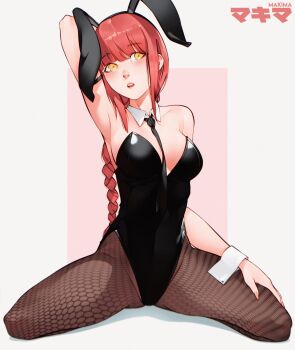 1girl alternate_costume animal_ears armpits bare_shoulders black_leotard black_necktie blunt_bangs braid braided_ponytail breasts brown_pantyhose cesar_art456 chainsaw_man character_name cleavage collarbone commentary covered_navel detached_collar english_commentary fake_animal_ears fingernails fishnets highleg highleg_leotard highres leotard long_hair looking_at_viewer makima_(chainsaw_man) medium_breasts necktie pantyhose pink_nails playboy_bunny rabbit_ears red_hair sidelocks solo strapless strapless_leotard very_long_hair wrist_cuffs yellow_eyes rating:Sensitive score:71 user:danbooru