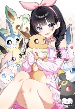 1girl absurdres black_hair blue_eyes blush bow bowtie braid choker chomu_4 dress eevee espeon fang frilled_choker frilled_dress frills gen_1_pokemon gen_2_pokemon gen_4_pokemon gen_6_pokemon glaceon gradient_background hair_bow hair_ornament hair_ribbon hashtag-only_commentary heart heart_hair_ornament highres holding holding_pokemon jolteon leafeon long_hair long_sleeves nintendo off-shoulder_dress off_shoulder open_mouth pink_bow pink_bowtie pink_choker pink_dress pink_ribbon pokemon pokemon_(creature) polka_dot polka_dot_background ribbon shirayuki_hina sitting skin_fang stellive sylveon umbreon vaporeon virtual_youtuber
