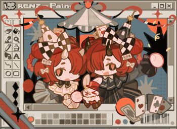  animated animated_gif artist_name barcode black_bow black_horns black_sclera bow braid braided_hair_rings card carousel checkered_bow checkered_clothes chibi colored_sclera dot_nose frills hair_ornament hair_rings hat hat_ornament highres horns looking_at_viewer original playing_card rabbit red_eyes red_hair red_hat renzhi00334233 screentones siblings white_horns 
