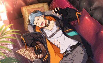  1boy animal_ears asch_albright belt black_belt black_gloves buckle couch fingerless_gloves fingernails gloves grey_hair helios_rising_heroes highres jacket looking_at_viewer lying male_focus official_art open_clothes orange_eyes pants pillow shirt solo teeth tongue torn_clothes torn_shirt white_shirt 