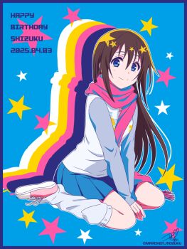  1girl between_legs blue_background blue_eyes blue_skirt brown_hair character_name closed_mouth commentary_request dated drop_shadow hair_between_eyes hand_between_legs happy_birthday highres long_hair long_sleeves looking_at_viewer love_live! love_live!_nijigasaki_high_school_idol_club osaka_shizuku pleated_skirt print_shirt red_scarf ric._(marchen_mozuku) scarf shirt shoes sidelocks signature sitting skirt smile solo split_mouth star_(symbol) twitter_username v_arms wariza 