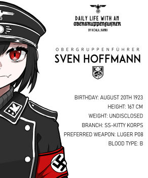  1girl armband black_hair character_name english_text hat highres jacket koalakanru long_sleeves looking_at_viewer military military_hat military_uniform nazi original peaked_cap red_armband red_eyes short_hair shoulder_boards simple_background smile solo sven_hoffmann swastika upper_body white_background 