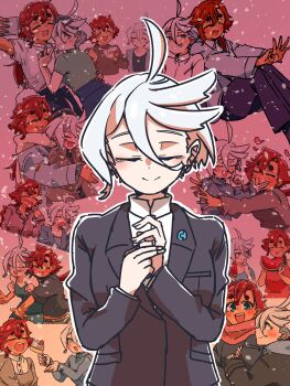  2girls absurdres be_go_ichi black_jacket black_pants blue_eyes breasts camisole closed_eyes closed_mouth collage commentary_request eating feeding food fruit goggles goggles_on_head gradient_background green_camisole green_shirt grey_eyes grey_jacket gundam gundam_suisei_no_majo heart highres holding holding_phone huge_breasts jacket jewelry long_hair looking_at_another miorine_rembran multiple_girls orange_shirt pants phone puckered_lips red_hair ring scarf selfie shirt short_hair smile suletta_mercury taking_picture thick_eyebrows watermelon watermelon_slice wedding_ring white_hair white_scarf white_shirt wife_and_wife yawning yuri 