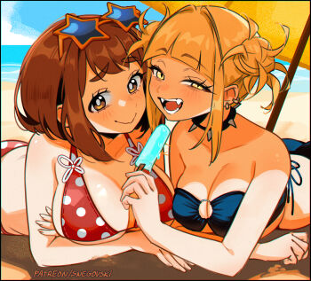  2girls ass beach beach_umbrella bikini blonde_hair blue_bikini blue_sky boku_no_hero_academia breasts bright_pupils brown_eyes brown_hair closed_mouth collarbone commentary day double_bun earrings english_commentary eyewear_on_head food hair_bun half-closed_eye highres holding holding_food holding_popsicle horizon jewelry large_breasts looking_at_viewer lying medium_hair messy_hair multiple_girls o-ring o-ring_bikini o-ring_top ocean on_stomach open_mouth outdoors patreon_username polka_dot polka_dot_bikini popsicle red_bikini sky smile snegovski star-shaped_eyewear star_(symbol) sunglasses swimsuit thick_eyebrows toga_himiko umbrella underboob uraraka_ochako water white_pupils yellow_eyes  rating:Sensitive score:45 user:danbooru