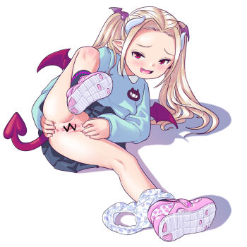1girl :d anus blonde_hair blue_shirt blue_skirt blush bow bow_panties bow_print censored demon_girl demon_horns demon_tail demon_wings fangs female_focus food_print from_below full_body grey_socks hair_ornament heart heart_socks highres horns ice_cream_cone ice_cream_print kindergarten_uniform leg_lift leg_up loli long_sleeves looking_at_viewer lying name_tag nametake nintendo on_side open_mouth original panties panties_around_leg parted_hair pink_shoes pleated pleated_skirt pointy_ears poke_ball poke_ball_print pokemon print_footwear print_panties print_socks print_underwear pussy red_eyes shirt shoe_soles shoes simple_background skirt sleeves_past_wrists smile socks solo spread_legs tail tsurime twintails underwear underwear_around_leg unmaker velcro velcro_footwear white_background white_panties wing_hair_ornament wings rating:Explicit score:220 user:Dweenie