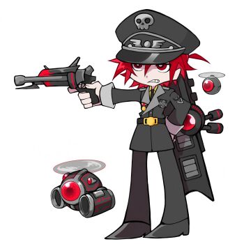  1boy black_hat black_jacket black_pants black_shoes black_suit clenched_teeth epic_battle_fantasy formal_clothes full_body gun handgun hat highres holding holding_gun holding_weapon jacket lance_(epic_battle_fantasy) male_focus mha_crayon military_uniform pants panty_&amp;_stocking_with_garterbelt panty_&amp;_stocking_with_garterbelt_(style) red_eyes red_hair revolver robot shoes short_hair simple_background suit teeth weapon white_background 
