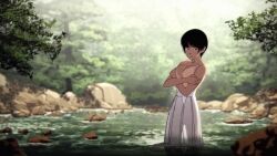 1girl animated back backboob bikini_tan black_eyes black_hair bouncing_breasts branch breast_drop breasts cicada_cry_(sfx) cleavage commentary covering_breasts covering_privates dress from_behind kusujinn large_breasts looking_at_viewer looking_back no_bra original outdoors partially_submerged see-through_clothes see-through_silhouette short_hair sleeveless sleeveless_dress solo sound spaghetti_strap standing stream sundress surprised sweatdrop tan tanline topless_female tree undressing video water white_dress rating:Questionable score:348 user:WinDGo