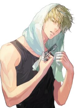  1boy aso_lago bandaged_fingers bandages black-framed_eyewear black_tank_top commentary_request glasses green_hair holding holding_removed_eyewear kuroko_no_basuke looking_at_viewer male_focus midorima_shintarou parted_lips rectangular_eyewear short_hair simple_background solo sweat tank_top teeth towel towel_on_head unworn_eyewear upper_body white_background 