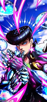  1boy 1other absurdres anchor_symbol araki_hirohiko_(style) blue_eyes blue_hair blue_sky commentary crazy_diamond diamond_(shape) diamond_wa_kudakenai earrings english_commentary gakuran green_shirt higashikata_josuke high_collar highres jacket jewelry jojo_no_kimyou_na_bouken male_focus noonvincent pompadour portrait purple_jacket school_uniform shirt sky solo sparkle stand_(jojo) star_(symbol) 