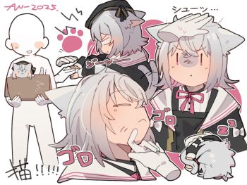  1girl 1other :i animal_ear_fluff animal_ears animal_hands black_dress black_jacket cat_ears cat_girl cat_tail closed_eyes colored_inner_hair cropped_shoulders cropped_torso disembodied_hand dress furrowed_brow grey_hair hand_on_another&#039;s_chin hand_on_another&#039;s_head highres jacket long_sleeves medium_hair multicolored_hair multiple_girls nimingduz open_clothes open_jacket pinafore_dress pink_background pink_hair pink_ribbon puffy_long_sleeves puffy_sleeves ribbon sailor_collar sayo_(voicevox) shaded_face shirt sidelocks sleeping sleeveless sleeveless_dress tail two-tone_background voicevox white_background white_shirt |_| 