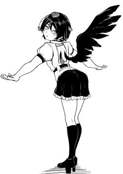  1girl absurdres back_cutout clothing_cutout commentary_request frilled_skirt frills full_body geta greyscale hat highres kneehighs looking_at_viewer looking_back ma_(22mabo) monochrome outstretched_arms shameimaru_aya shoes skirt socks solo spread_arms tengu-geta tokin_hat touhou 