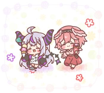  2girls ^^^ ^_^ ahoge bag black_hairband black_jacket black_shoes blush_stickers braid braided_bangs breasts brown_skirt chibi closed_eyes closed_mouth clothes_writing collared_shirt commentary_request crepe demon_horns floral_background food grey_hair hairband head_wings highres holding holding_food hololive horns ice_cream ice_cream_cone jacket la+_darknesss large_breasts long_hair long_sleeves mitarashi_neko multicolored_hair multiple_girls multiple_scoops open_clothes open_jacket pink_hair pink_shirt pink_wings puffy_long_sleeves puffy_sleeves purple_hair red_shoes rock shirt shoes shoulder_bag skirt sleeves_past_fingers sleeves_past_wrists smile streaked_hair takane_lui translation_request very_long_hair virtual_youtuber walking white_background white_shirt wings 