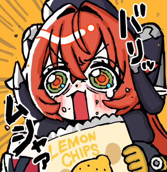  absurdres andii_(anzai_teachco) bag_of_chips blush chibi chips_(food) commentary_request crying demon_horns food gloves green_eyes hat highres horns meme open_mouth orange_hair orphie_magnusson pointy_ears screaming simple_background twintails yellow_background yellow_gloves zenless_zone_zero 