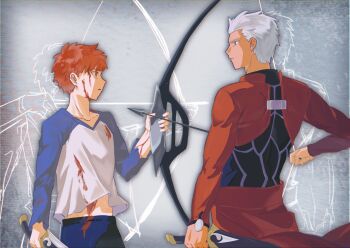 2boys archer_(fate) arrow_(projectile) bow_(weapon) coat commentary_request dual_persona dual_wielding emiya_shirou fate/stay_night fate_(series) highres holding holding_sword holding_weapon kanshou_&amp;_bakuya_(fate) linlingsang male_focus multiple_boys red_coat shirt sword t-shirt weapon 