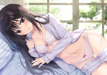 1girl black_hair bra breasts cleavage clothes_pull collarbone day female_focus grey_bra grey_panties indoors long_hair long_sleeves looking_at_viewer loungewear lying medium_breasts navel on_side open_clothes open_shirt original oryo_(oryo04) panties parted_lips pillow purple_eyes short_shorts shorts shorts_pull solo stomach sunlight underwear window rating:Sensitive score:74 user:danbooru