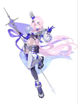  1girl absurdres alternate_costume asymmetrical_legwear black_thighhighs blue_gloves boots breasts crop_top crown elysia_(honkai_impact) full_body fur-trimmed_jacket fur_trim gloves grey_thighhighs highres holding holding_polearm holding_weapon honkai_(series) honkai_impact_3rd jacket long_hair looking_at_viewer medium_breasts midriff mismatched_legwear navel nizi_w pink_hair polearm short_shorts shorts simple_background smile solo standing standing_on_one_leg thighhighs very_long_hair weapon white_background white_boots white_jacket white_shorts 