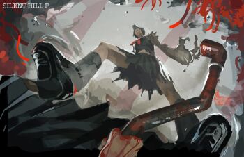  barley_juice black_serafuku black_shoes black_skirt bleeding blood blood_on_hands bloody_tears bloody_weapon claws commentary different_reflection dual_persona english_commentary fighting_stance flower fox_hinako fox_mask highres holding holding_lead_pipe lead_pipe lower_body mask mismatched_arms monster_arm pov puddle reflection school_uniform serafuku shimizu_hinako shoes silent_hill_(series) silent_hill_f skirt spider_lily standing torn_clothes torn_sleeve weapon 