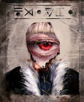  burnt_paper chrollo_lucilfer commentary doeun_o_o eye_focus eyelashes fur-trimmed_jacket fur_trim hole hunter_x_hunter jacket kurapika poster_(object) red_eyes untranslatable_commentary 