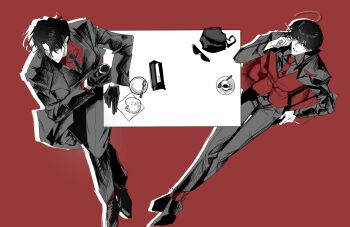  2boys ahoge backpack bag black_gloves black_hair black_jacket black_necktie black_shirt black_vest collared_shirt crossed_ankles cup curtained_hair drop_shadow from_above full_body gloves hand_on_own_face hashtag-only_commentary highres holding holding_cup invisible_chair jacket jpqaa5 kim_dokja looking_at_viewer looking_to_the_side male_focus multiple_boys necktie omniscient_reader's_viewpoint plate red_necktie red_shirt red_vest shirt short_hair sitting spoon sunglasses teacup vest yoo_joonghyuk 