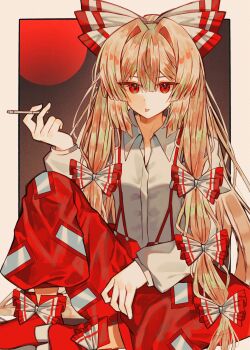  1girl :p ankle_boots boots bow brown_hair center-flap_bangs cigarette commentary dress_shirt fujiwara_no_mokou hair_between_eyes hair_bow highres holding holding_cigarette juliet_sleeves long_hair long_sidelocks long_sleeves multiple_hair_bows puffy_sleeves red_boots red_eyes red_suspenders shirt shirt_tucked_in sidelocks sitting solo suspender_pants tongue tongue_out touhou tsurime ussame very_long_hair white_bow white_shirt 