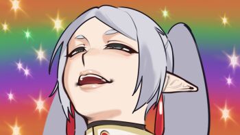  1girl cinko elf fabulous_secret_powers_(meme) frieren grey_eyes grey_hair highres looking_up meme open_mouth pointy_ears rainbow_background rolling_eyes solo sousou_no_frieren sparkle twintails upper_body upward_angle_frieren_drawing_(meme) 