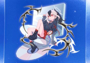  1girl aoore_x64 black_hair blue_archive blue_background cd choker colored_tips commentary curled_up earphones floating floating_hair grey_halo halo horns kayoko_(blue_archive) long_sleeves looking_at_viewer multicolored_hair portable_media_player red_eyes shirt single_wing skirt solo stepping_on_object untranslatable_commentary walkman white_hair wings 