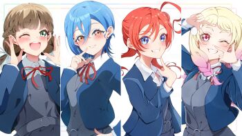  4girls :d ;d absurdres blonde_hair blue_eyes blue_hair blush braid breasts collared_shirt commentary_request dress dress_shirt earrings fighting_call_(love_live!) finger_frame gradient_hair green_eyes grey_dress grin hair_bun half_up_braid highres jewelry kentotto liella!_second_generation long_hair looking_at_viewer love_live! love_live!_superstar!! low_twin_braids low_twintails medium_breasts medium_hair multicolored_hair multiple_girls neck_ribbon one_eye_closed onitsuka_natsumi open_mouth orange_eyes pinafore_dress pink_eyes pink_hair pointing pointing_at_self red_hair red_ribbon ribbon sakurakoji_kinako school_uniform shirt short_hair_with_long_locks single_side_bun sleeveless sleeveless_dress smile stud_earrings teeth twin_braids twintails upper_body upper_teeth_only wakana_shiki white_background white_shirt winter_uniform yoneme_mei yuigaoka_school_uniform 