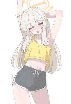  1girl absurdres alternate_hairstyle aoba_(blue_archive) arm_behind_head arm_up armpits blue_archive camisole dolphin_shorts dot_nose hair_ornament hairclip halo highres long_hair looking_at_viewer navel one_eye_closed orange_halo red_eyes runarie shorts signature solo stretching white_background yawning yellow_camisole 